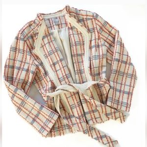 Chicos Striped Plaid Faux Leather Belted Tweed Blazer Jacket Womens 1